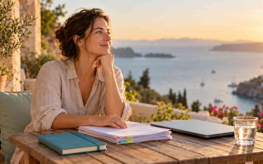 Frau Anfang 30 sitzt auf einer Terrasse mit Meerblick, eine Hand auf ihrem ausgedruckten Businessplan, und schaut zuversichtlich aufs Wasser